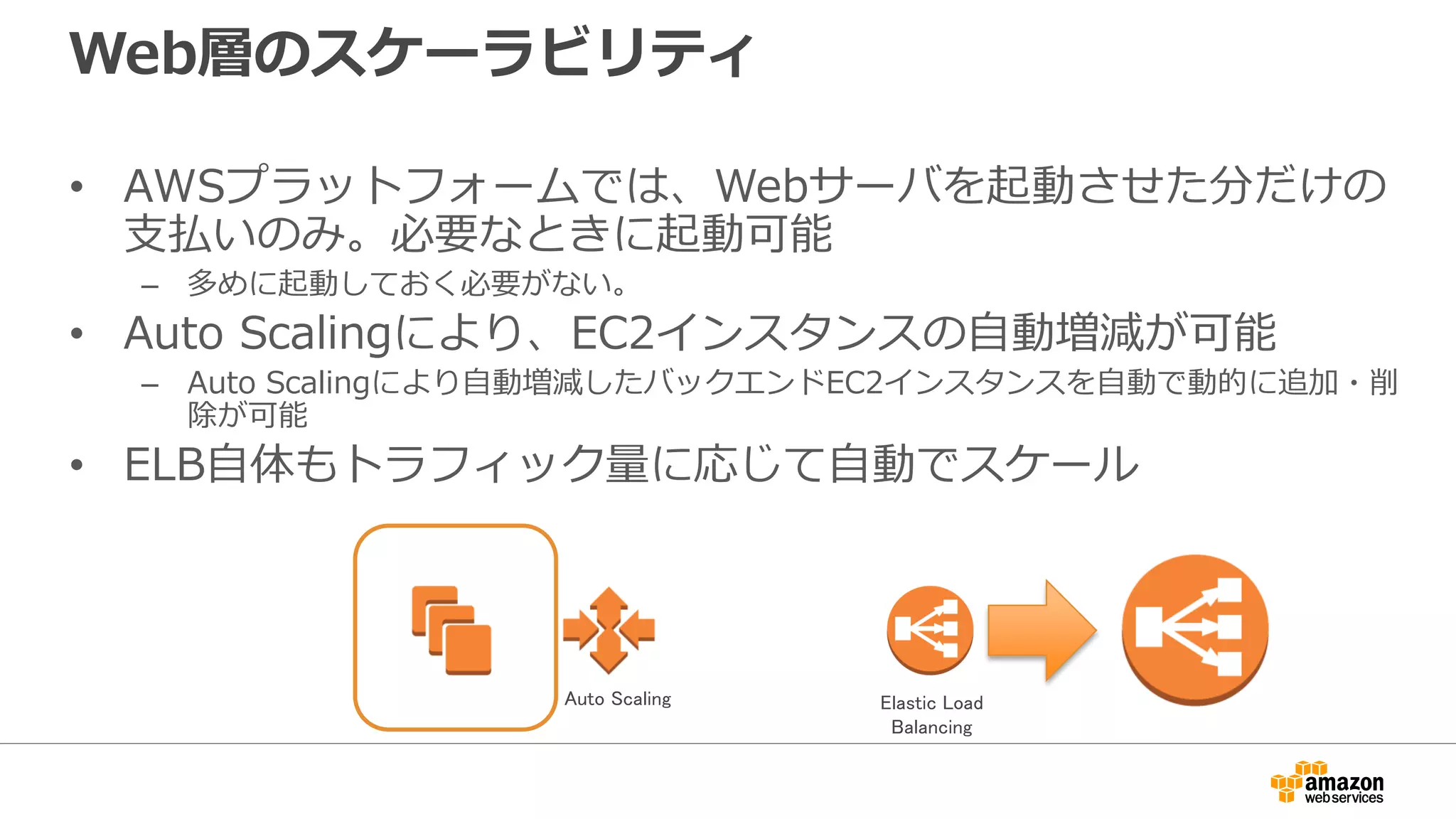 Web層のスケーラビリティ
• AWSプラットフォームでは、Webサーバを起動させた分だけの
支払いのみ。必要なときに起動可能
– 多めに起動しておく必要がない。
• Auto Scalingにより、EC2インスタンスの自動増減が可能
– Auto Scalingにより自動増減したバックエンドEC2インスタンスを自動で動的に追加・削
除が可能
• ELB自体もトラフィック量に応じて自動でスケール
Auto Scaling Elastic Load
Balancing
 