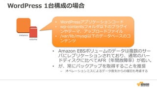 WordPress 1台構成の場合
• Amazon EBSボリュームのデータは複数のサー
バにレプリケーションされており、通常のハー
ドディスクに比べてAFR（年間故障率）が低い。
• が、常にバックアップを取得することを推奨
– オペレーションミスによるデータ喪失からの復旧も考慮する
instance
volume
• WordPressアプリケーションコード
• wp-contentsフォルダ以下のプラグイ
ンやテーマ、アップロードファイル
• /var/lib/mysql以下のデータベースのコ
ンテンツ
 