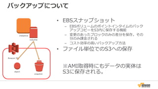 バックアップについて
• EBSスナップショット
– EBSボリュームのポイントインタイムのバック
アップコピーをS3内に保存する機能
– 変更のあったブロックのみの差分を保存。その
分のみ課金される
– コスト効率の高いバックアップ方法
• ファイル単位でのS3への保存
※AMI取得時にもデータの実体は
S3に保存される。snapshot
Amazon S3
object
instance
volume
 