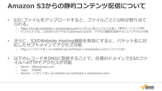 Amazon S3からの静的コンテンツ配信について
• S3にファイルをアップロードすると、ファイルごとにURIが割り当て
られる。
– https://s3-ap-northeast-1.amazonaws.com/<バケット名>/<ファイル名>（東京リージョンの例）
– デフォルトでは、上記URIへのアクセスはDeniedとなるが、アクセス権限を変更することでアクセス可能
• さらに、S3のWebsite Hosting機能を有効にすると、バケット名に対
応したサブドメインでアクセス可能
– http://<バケット名>.s3-website-ap-northeast-1.amazonaws.com/<ファイル名>
• 以下のレコードをDNSに登録することで、任意のドメインでS3のファ
イルへHTTPでアクセスが可能
– Name: (例)example.com
– Type: CNAME
– Record: <バケット名>.s3-website-ap-northeast-1.amazonaws.com
 