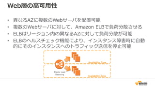 Web層の高可用性
• 異なるAZに複数のWebサーバを配置可能
• 複数のWebサーバに対して、Amazon ELBで負荷分散させる
• ELBはリージョン内の異なるAZに対して負荷分散が可能
• ELBのヘルスチェック機能により、インスタンス障害時に自動
的にそのインスタンスへのトラフィック送信を停止可能
Elastic Load
Balancing
Availability Zone
Availability Zone
 