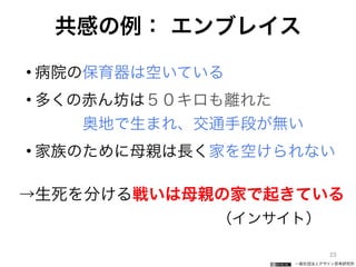 一般社団法人デザイン思考研究所
共感の例： エンブレイス
• 病院の保育器は空いている
• 多くの赤ん坊は５０キロも離れた 
   奥地で生まれ、交通手段が無い
• 家族のために母親は長く家を空けられない
→生死を分ける戦いは母親の家で起きている
           （インサイト）  
23
 