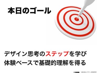 一般社団法人デザイン思考研究所
デザイン思考のステップを学び
体験ベースで基礎的理解を得る
本日のゴール
 