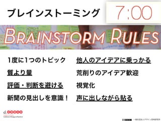 一般社団法人デザイン思考研究所
1度に1つのトピック
質より量
評価・判断を避ける
新聞の見出しを意識！
他人のアイデアに乗っかる
荒削りのアイデア歓迎
視覚化
声に出しながら貼る
ブレインストーミング
 
