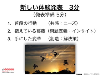 一般社団法人デザイン思考研究所
1. 普段の行動  （共感：ニーズ）
2. 抱えている葛藤（問題定義：インサイト）
3. 手にした変革 （創造：解決策）
新しい体験発表 3分
（発表準備 5分）
 