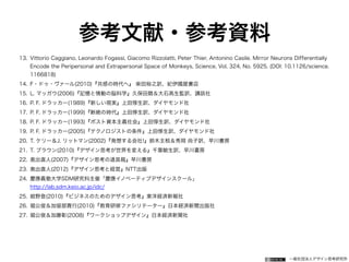 一般社団法人デザイン思考研究所
参考文献・参考資料
13. Vittorio Caggiano, Leonardo Fogassi, Giacomo Rizzolatti, Peter Thier, Antonino Casile. Mirror Neurons Differentially
Encode the Peripersonal and Extrapersonal Space of Monkeys, Science, Vol. 324, No. 5925. (DOI: 10.1126/science.
1166818)
14. F・ドゥ・ヴァール(2010)『共感の時代へ』 柴田裕之訳、紀伊國屋書店
15. L. マッガウ(2006)『記憶と情動の脳科学』久保田競＆大石高生監訳、講談社
16. P. F. ドラッカー(1989)『新しい現実』上田惇生訳、ダイヤモンド社
17. P. F. ドラッカー(1999)『断絶の時代』上田惇生訳、ダイヤモンド社
18. P. F. ドラッカー(1993)『ポスト資本主義社会』上田惇生訳、ダイヤモンド社
19. P. F. ドラッカー(2005)『テクノロジストの条件』上田惇生訳、ダイヤモンド社
20. T. ケリー＆J. リットマン(2002)『発想する会社!』鈴木主税＆秀岡 尚子訳、早川書房
21. T. ブラウン(2010)『デザイン思考が世界を変える』千葉敏生訳、早川書房
22. 奥出直人(2007)『デザイン思考の道具箱』早川書房
23. 奥出直人(2012)『デザイン思考と経営』NTT出版
24. 慶應義塾大学SDM研究科主催「慶應イノベーティブデザインスクール」 
http://lab.sdm.keio.ac.jp/idc/
25. 紺野登(2010)『ビジネスのためのデザイン思考』東洋経済新報社
26. 堀公俊＆加留部貴行(2010)『教育研修ファシリテーター』日本経済新聞出版社
27. 堀公俊＆加藤彰(2008)『ワークショップデザイン』日本経済新聞社
 