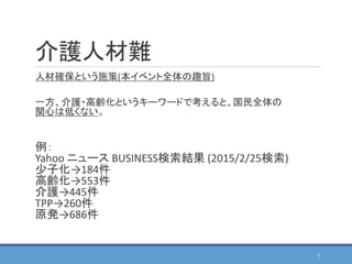 介護人材難
人材確保という施策(本イベント全体の趣旨)
一方、介護・高齢化というキーワードで考えると、国民全体の
関心は低くない。
例：
Yahoo ニュース BUSINESS検索結果 (2015/2/25検索)
少子化→184件
高齢化→553件
介護→445件
TPP→260件
原発→686件
7
 