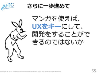 Copyright © 2015 Advanced IT Consortium to Evaluate, Apply and Drive All Rights Reserved.
さらに一歩進めて
マンガを使えば、
UXをキーにして、
開発をすることがで
きるのではないか
55
 