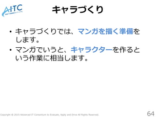 Copyright © 2015 Advanced IT Consortium to Evaluate, Apply and Drive All Rights Reserved.
キャラづくり
• キャラづくりでは、マンガを描く準備を
します。
• マンガでいうと、キャラクターを作ると
いう作業に相当します。
64
 