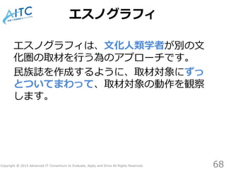 Copyright © 2015 Advanced IT Consortium to Evaluate, Apply and Drive All Rights Reserved.
エスノグラフィ
エスノグラフィは、文化人類学者が別の文
化圏の取材を行う為のアプローチです。
民族誌を作成するように、取材対象にずっ
とついてまわって、取材対象の動作を観察
します。
68
 