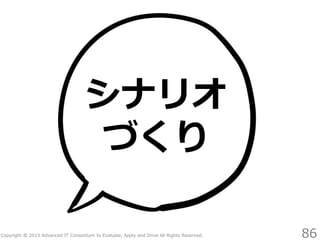 Copyright © 2015 Advanced IT Consortium to Evaluate, Apply and Drive All Rights Reserved.
シナリオ
づくり
86
 