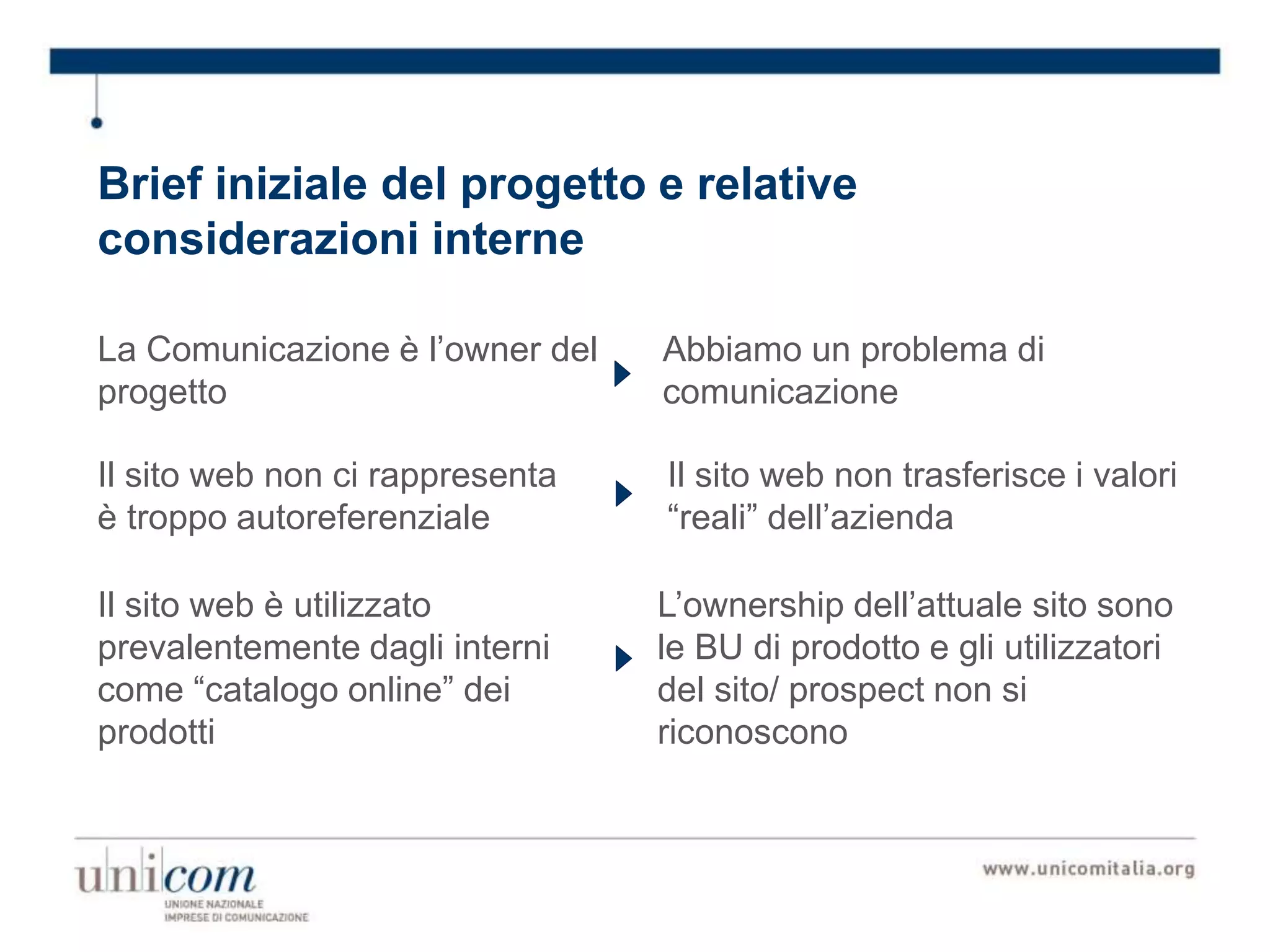 Brief iniziale del progetto e relative
considerazioni interne
La Comunicazione è l’owner del
progetto
Abbiamo un problema di
comunicazione
Il sito web non ci rappresenta
è troppo autoreferenziale
Il sito web non trasferisce i valori
“reali” dell’azienda
Il sito web è utilizzato
prevalentemente dagli interni
come “catalogo online” dei
prodotti
L’ownership dell’attuale sito sono
le BU di prodotto e gli utilizzatori
del sito/ prospect non si
riconoscono