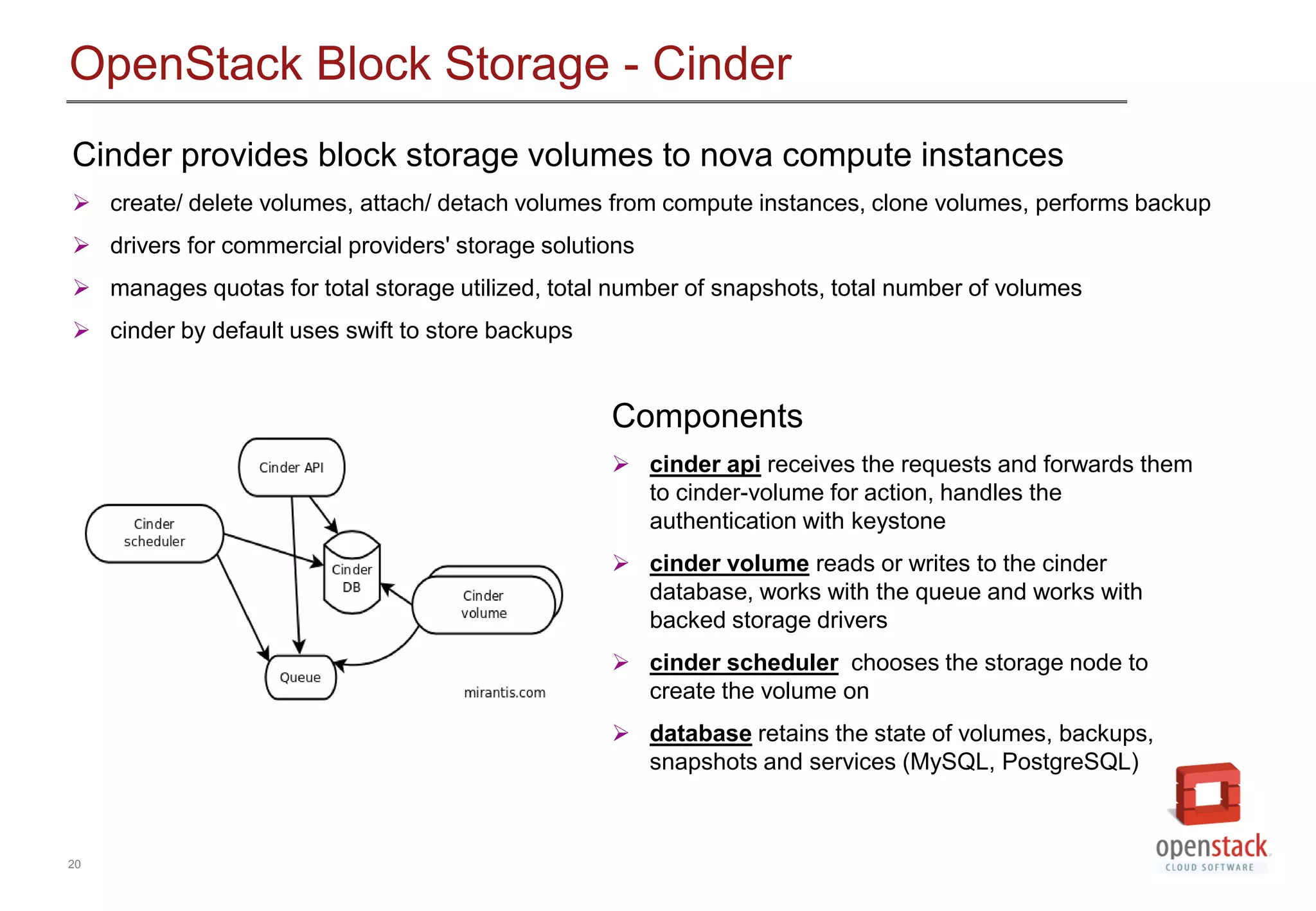 20
OpenStack Block Storage - Cinder
Cinder provides block storage volumes to nova compute instances
 create/ delete volumes, attach/ detach volumes from compute instances, clone volumes, performs backup
 drivers for commercial providers' storage solutions
 manages quotas for total storage utilized, total number of snapshots, total number of volumes
 cinder by default uses swift to store backups
Components
 cinder api receives the requests and forwards them
to cinder-volume for action, handles the
authentication with keystone
 cinder volume reads or writes to the cinder
database, works with the queue and works with
backed storage drivers
 cinder scheduler chooses the storage node to
create the volume on
 database retains the state of volumes, backups,
snapshots and services (MySQL, PostgreSQL)
 