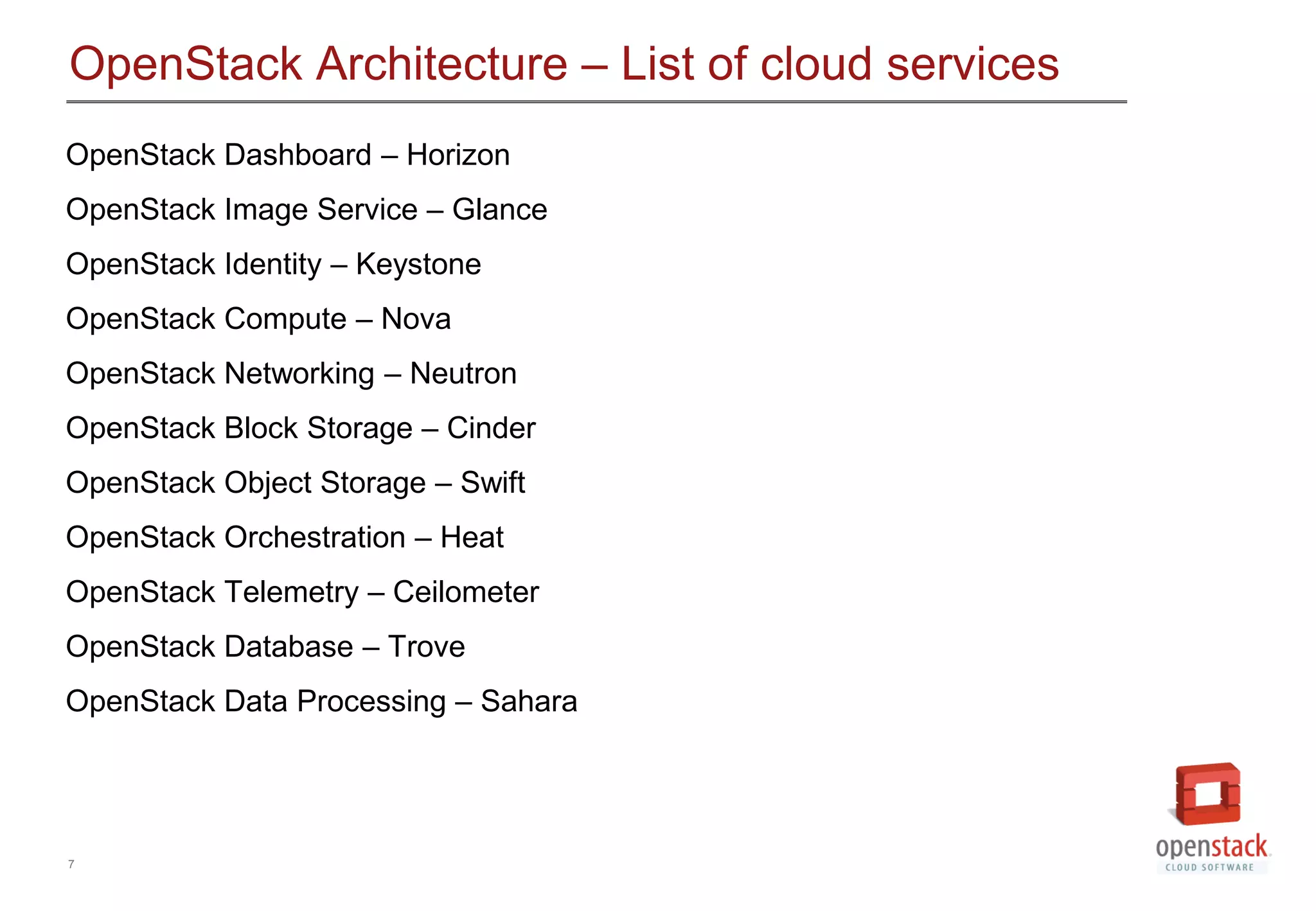 7
OpenStack Architecture &ndash; List of cloud services
OpenStack Dashboard &ndash; Horizon
OpenStack Image Service &ndash; Glance
OpenStack Identity &ndash; Keystone
OpenStack Compute &ndash; Nova
OpenStack Networking &ndash; Neutron
OpenStack Block Storage &ndash; Cinder
OpenStack Object Storage &ndash; Swift
OpenStack Orchestration &ndash; Heat
OpenStack Telemetry &ndash; Ceilometer
OpenStack Database &ndash; Trove
OpenStack Data Processing &ndash; Sahara
 