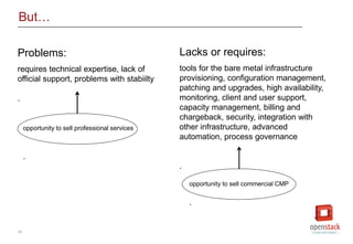 29
But…
Problems:
requires technical expertise, lack of
official support, problems with stabiilty
.
Lacks or requires:
tools for the bare metal infrastructure
provisioning, configuration management,
patching and upgrades, high availability,
monitoring, client and user support,
capacity management, billing and
chargeback, security, integration with
other infrastructure, advanced
automation, process governance
.
opportunity to sell professional services
.
opportunity to sell commercial CMP
.
 