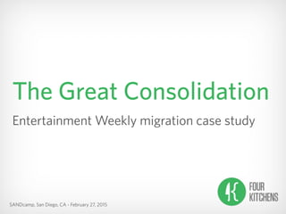 SANDcamp, San Diego, CA - February 27, 2015
The Great Consolidation
Entertainment Weekly migration case study
 