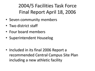 2004/5 Facilities Task Force
Final Report April 18, 2006
• Seven community members
• Two district staff
• Four board members
• Superintendent Houselog
• Included in its final 2006 Report a
recommended Central Campus Site Plan
including a new athletic facility
 