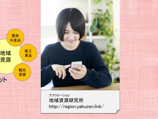 地域
資源
ット
農林
水産品
鉱工
業品
観光
資源
アプリケーション
地域資源研究所
http://region.yakuzen.link/
 