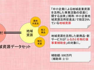 地域
資源
村
域資源データセット
農林
水産品
鉱工
業品
観光
資源
「中小企業による地域産業資源
を活用した事業活動の促進に
関する法律」（略称：中小企業地
域資源活用促進法）で指定され
ている地域資源
地域資源を活用した新商品・新
サービスは「ふるさと名物応援
事業補助金」の対象に。
補助額：500万円
（補助率：2/3）
 
