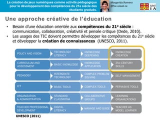 Margarida.Romero
@fse.ulaval.ca
La création de jeux numériques comme activité pédagogique
pour le développement des compétences du 21e siècle des
étudiants gradués.
• Besoin d’une éducation orientée aux compétences du 21e siècle :
communication, collaboration, créativité et pensée critique (Dede, 2010).
• Les usages des TIC doivent permettre développer les compétences du 21e siècle
et développer la création de connaissances (UNESCO, 2011).
UNESCO (2011)
 