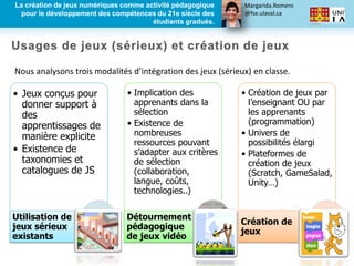 Margarida.Romero
@fse.ulaval.ca
La création de jeux numériques comme activité pédagogique
pour le développement des compétences du 21e siècle des
étudiants gradués.
Nous analysons trois modalités d’intégration des jeux (sérieux) en classe.
• Jeux conçus pour
donner support à
des
apprentissages de
manière explicite
• Existence de
taxonomies et
catalogues de JS
Utilisation de
jeux sérieux
existants
• Implication des
apprenants dans la
sélection
• Existence de
nombreuses
ressources pouvant
s’adapter aux critères
de sélection
(collaboration,
langue, coûts,
technologies..)
Détournement
pédagogique
de jeux vidéo
• Création de jeux par
l’enseignant OU par
les apprenants
(programmation)
• Univers de
possibilités élargi
• Plateformes de
création de jeux
(Scratch, GameSalad,
Unity…)
Création de
jeux
 