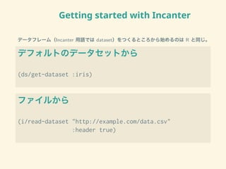 Getting started with Incanter
データフレーム（Incanter 用語では dataset）をつくるところから始めるのは R と同じ。
デフォルトのデータセットから
(ds/get-dataset :iris)
ファイルから
(i/read-dataset "http://example.com/data.csv"
:header true)
 