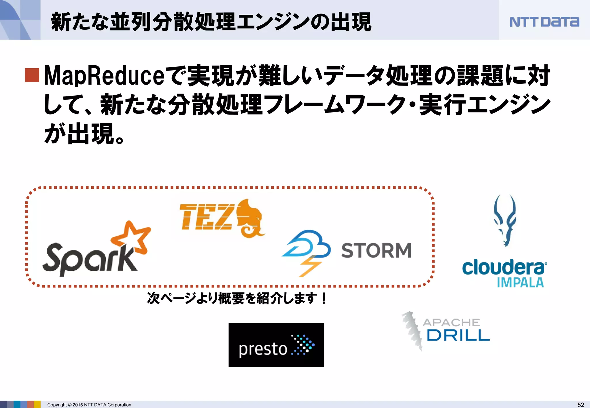 52Copyright © 2015 NTT DATA Corporation
MapReduceで実現が難しいデータ処理の課題に対
して、新たな分散処理フレームワーク・実行エンジン
が出現。
新たな並列分散処理エンジンの出現
次ページより概要を紹介します！
 