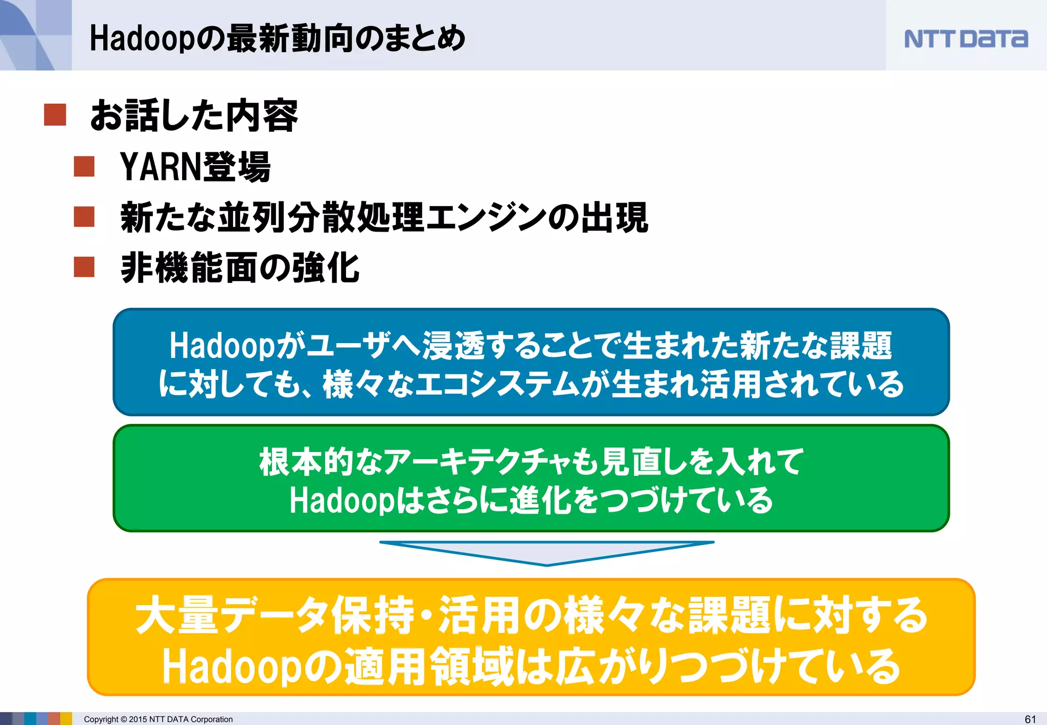 61Copyright © 2015 NTT DATA Corporation
 お話した内容
 YARN登場
 新たな並列分散処理エンジンの出現
 非機能面の強化
Hadoopの最新動向のまとめ
根本的なアーキテクチャも見直しを入れて
Hadoopはさらに進化をつづけている
Hadoopがユーザへ浸透することで生まれた新たな課題
に対しても、様々なエコシステムが生まれ活用されている
大量データ保持・活用の様々な課題に対する
Hadoopの適用領域は広がりつづけている
 