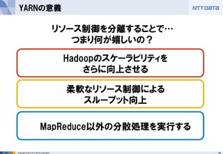 36Copyright © 2015 NTT DATA Corporation
YARNの意義
リソース制御を分離することで…
つまり何が嬉しいの？
柔軟なリソース制御による
スループット向上
Hadoopのスケーラビリティを
さらに向上させる
MapReduce以外の分散処理を実行する
 