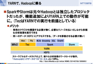 57Copyright © 2015 NTT DATA Corporation
SparkやStormは元々Hadoopとは独立したプロジェク
トだったが、機能追加によりYARN上での動作が可能
に。(TezはYARNでの実行を前提としている)
メリット
- 専用のクラスタを構築する必要が無く、必要なリソースを払いだしながら多様
な分析処理を実行できる
- 同一のデータ(HDFS)にアクセスできる。(データを移動させる必要が無い)
YARNで、Hadoopに乗る
MRv2
PigHive
HDFS
YARN
Tez Spark Storm
MLlib Streaming
…
SQL GraphX
スケーラブルなデータストアの上で、様々な分析処理のワークロードが動作。
「Hadoopはビッグデータの”OS”カーネル」という声も。
http://itpro.nikkeibp.co.jp/article/NEWS/20140708/569985/
 