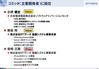65Copyright © 2015 NTT DATA Corporation
 小沢 健史
 日本電信電話株式会社ソフトウェアイノベーションセンタ
- YARN：高可用化
- YARN：処理基盤間のインタフェースの整備と実装
- YARN：致命的なバグの修正
- 計算リソースのリークの改善
 鯵坂 明
 株式会社NTTデータ 基盤システム事業本部
- OfflineImageViewerの拡張
- Hadoop 2系のドキュメント整備
- メトリクスのドキュメント整備
- 品質強化に関する取り組み
 岩崎 正剛
 株式会社NTTデータ 基盤システム事業本部
- HTraceのモジュール開発
- HTraceトレーシング機能をHDFSに追加
- Sqoopのコネクタ開発
- Hadoopの運用スクリプト改善
コミッタ（主要開発者）に就任
Hadoop
Hadoop
HTrace
 