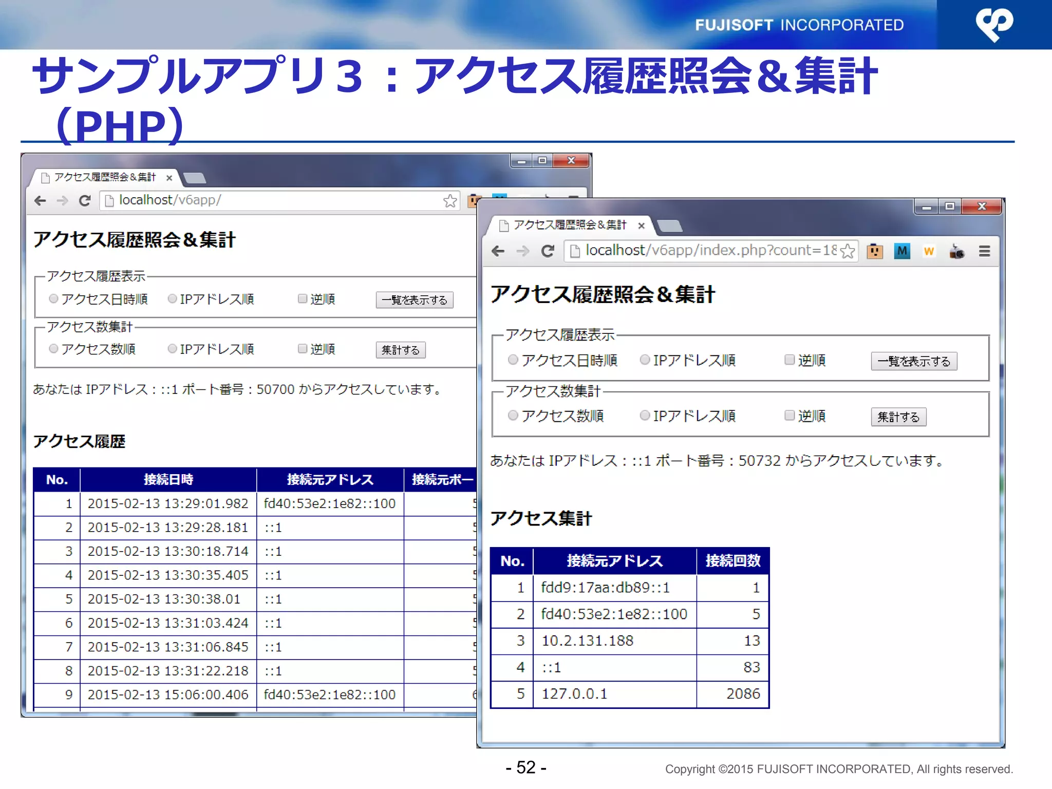 Copyright ©2015 FUJISOFT INCORPORATED, All rights reserved.
Sample2 処理フロー
- 52 -
ユーザ入力値から
接続先アドレス（リスト）を
取得
接続先アドレス（リスト）に、
順にソケットを生成して接続
 