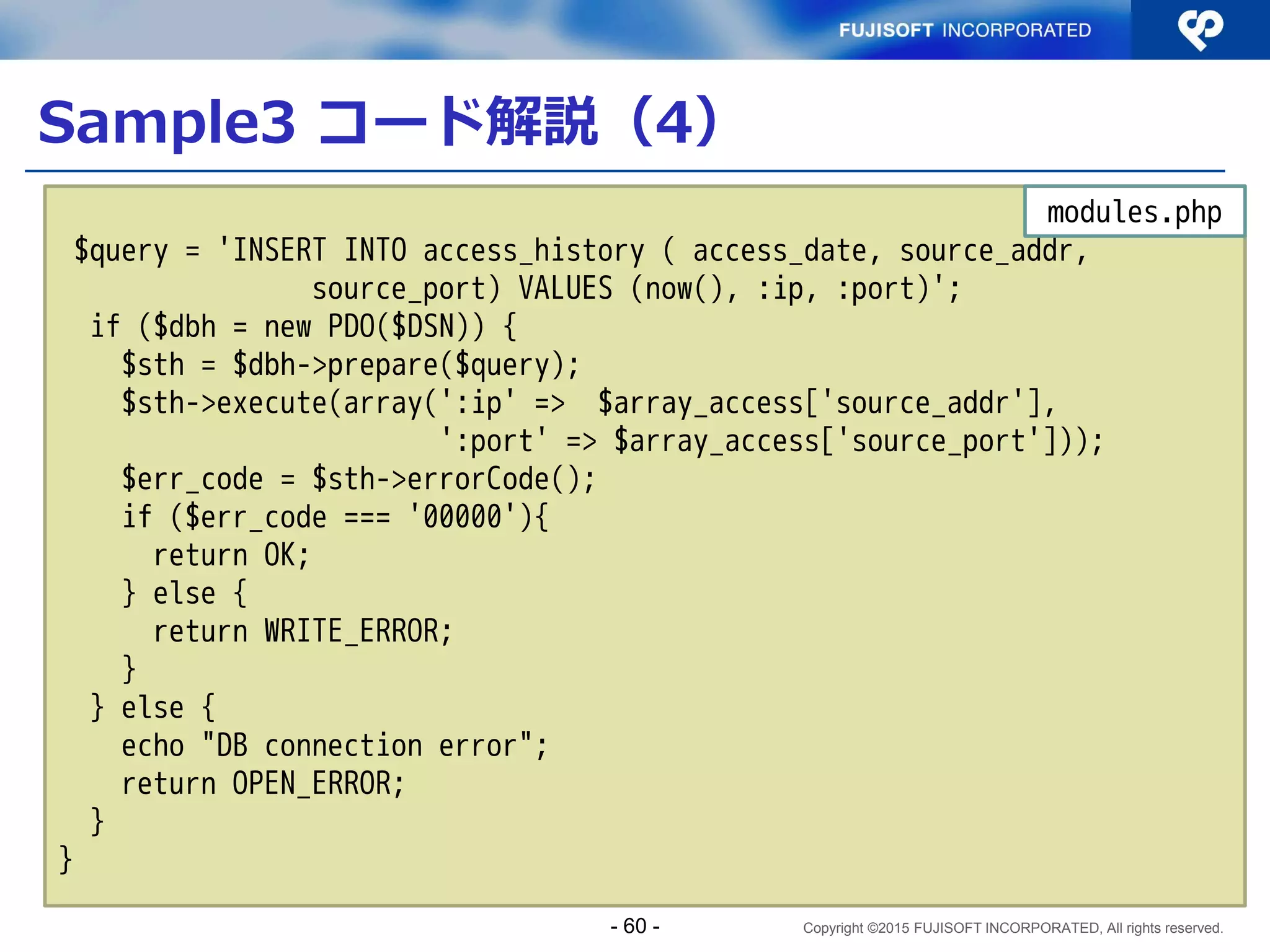 Copyright ©2015 FUJISOFT INCORPORATED, All rights reserved.
データとしてIPアドレスを扱う箇所
入力出力
整列
検索
格納
- 60 -
 