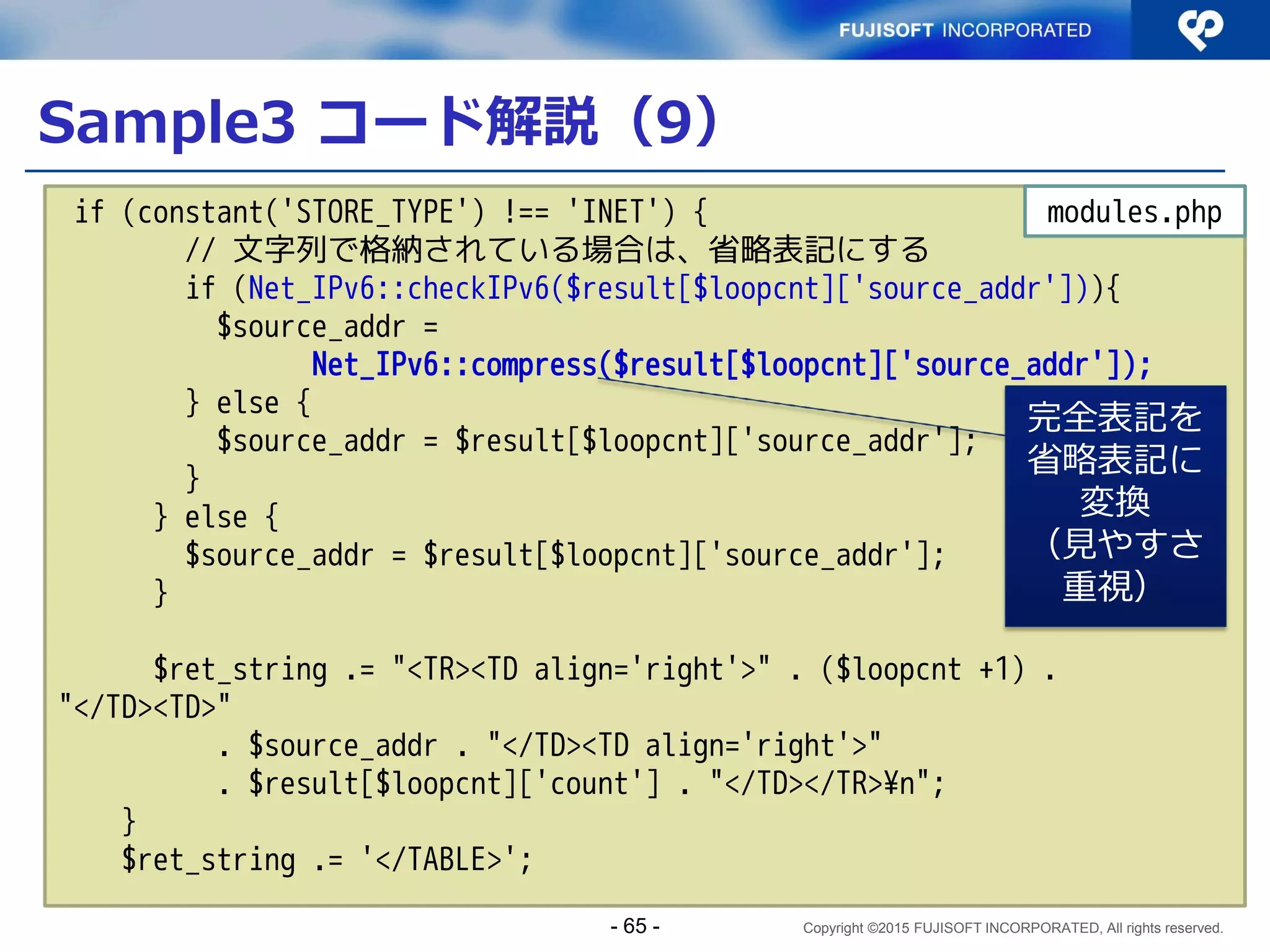 Copyright ©2015 FUJISOFT INCORPORATED, All rights reserved.
Sample2 処理フロー
 履歴書込み  履歴一覧表示・集計
- 65 -
接続元アドレスを取得
DBにレコード追加
（INSERT）
格納先のDBのデータ型が
文字列の場合は、省略表
記を完全表記に展開
ユーザ入力値から整列
キー、昇順／降順、集計
フラグを取得
ユーザ入力値に従い、DB
から履歴を読み込み、昇
順／降順、集計して表示
 