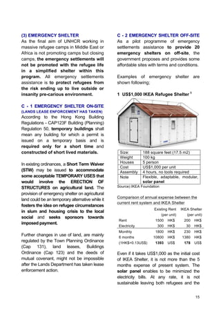 15
(3) EMERGENCY SHELTER
As the final aim of UNHCR working in
massive refugee camps in Middle East or
Africa is not promoting camps but closing
camps, the emergency settlements will
not be promoted with the refugee life
in a simplified shelter within this
program. All emergency settlements
assistance is to protect refugees from
the risk ending up to live outside or
insanity pre-carious environment.
C - 1 EMERGENCY SHELTER ON-SITE
(LANDS LEASE ENFORCEMENT HAS TAKEN)
According to the Hong Kong Building
Regulations - CAP123F Building (Planning)
Regulation 50, temporary buildings shall
mean any building for which a permit is
issued on a temporary basis and is
required only for a short time and
constructed of short lived materials.
In existing ordinances, a Short Term Waiver
(STW) may be issued to accommodate
some acceptable TEMPORARY USES that
would involve the ERECTION OF
STRUCTURES on agricultural land. The
provision of emergency shelter on agricultural
land could be an temporary alternative while it
fosters the idea on refugee circumstances
in slum and housing crisis to the local
social and seeks sponsors towards
imposed payment.
Further changes in use of land, are mainly
regulated by the Town Planning Ordinance
(Cap 131), land leases, Buildings
Ordinance (Cap 123) and the deeds of
mutual covenant, might not be impossible
after the Lands Department has taken lease
enforcement action.
C - 2 EMERGENCY SHELTER OFF-SITE
As a pilot programme of emergency
settlements assistance to provide 20
emergency shelters on off-site, the
government proposes and provides some
affordable sites with terms and conditions.
Examples of emergency shelter are
shown following;
1 US$1,000 IKEA Refugee Shelter 9
Source) IKEA Foundation
Comparison of annual expense between the
current rent system and IKEA Shelter
Existing Rent IKEA Shelter
(per unit) (per unit)
Rent 1500 HK$ 200 HK$
Electricity 300 HK$ 30 HK$
Monthly 1800 HK$ 230 HK$
6 months 10800 HK$ 1380 HK$
(1HK$=0.13US$) 1393 US$ 178 US$
Even if it takes US$1,000 as the initial cost
of IKEA Shelter, it is not more than the 5
months expense of present system. The
solar panel enables to be minimized the
electricity bills. At any rate, it is not
sustainable leaving both refugees and the
Size: 188 square feet (17.5 m2)
Weight 100 kg
Houses 5 person
Cost US$1,000 per unit
Assembly 4 hours, no tools required
Note Flexible, adaptable, modular,
solar panel
 