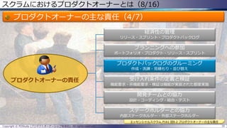 経済性の管理
リリース・スプリント・プロダクトバックログ
プランニングへの参加
ポートフォリオ・プロダクト・リリース・スプリント
プロダクトバックログのグルーミング
作成・洗錬・見積もり・並び替え
受け入れ条件の定義と検証
機能要求・非機能要求・検証は機能が実装された都度実施
開発チームとの協力
設計・コーディング・結合・テスト
ステークホルダーとの協力
内部ステークホルダー・外部ステークホルダー
スクラムにおけるプロダクトオーナーとは（8/16）
プロダクトオーナーの主な責任（4/7）
Copyright © POStudy (プロダクトオーナーシップ勉強会). All rights reserved. 16
エッセンシャルスクラム P161 図9.2 プロダクトオーナーの主な責任
プロダクトオーナーの責任
 
