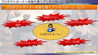 プロダクトオーナーを取り巻くアンチパターン（2/7）
プロダクトオーナーを取り巻くアンチパターン（2/2）
Copyright © POStudy (プロダクトオーナーシップ勉強会). All rights reserved. 31
スクラムを活用したアジャイルなプロダクト管理 P17 よくある間違い
プロダクトオーナー
 