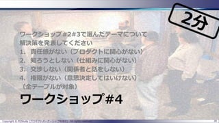 ワークショップ#4
ワークショップ#2#3で選んだテーマについて
解決策を発表してください
1. 責任感がない（プロダクトに関心がない）
2. 知ろうとしない（仕組みに関心がない）
3. 交渉しない（関係者と話をしない）
4. 権限がない（意思決定してはいけない）
（全テーブルが対象）
Copyright © POStudy (プロダクトオーナーシップ勉強会). All rights reserved. 38
 