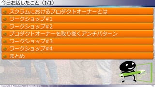今日お話したこと（1/1）
スクラムにおけるプロダクトオーナーとは
ワークショップ#1
ワークショップ#2
プロダクトオーナーを取り巻くアンチパターン
ワークショップ#3
ワークショップ#4
まとめ
Copyright © POStudy (プロダクトオーナーシップ勉強会). All rights reserved. 40
 