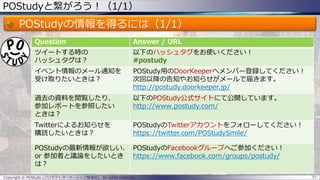 POStudyと繋がろう！（1/1）
POStudyの情報を得るには（1/1）
51Copyright © POStudy (プロダクトオーナーシップ勉強会). All rights reserved.
Question Answer / URL
ツイートする時の
ハッシュタグは？
以下のハッシュタグをお使いください！
#postudy
イベント情報のメール通知を
受け取りたいときは？
POStudy用のDoorKeeperへメンバー登録してください！
次回以降の告知やお知らせがメールで届きます。
http://postudy.doorkeeper.jp/
過去の資料を閲覧したり、
参加レポートを参照したい
ときは？
以下のPOStudy公式サイトにて公開しています。
http://www.postudy.com/
Twitterによるお知らせを
購読したいときは？
POStudyのTwitterアカウントをフォローしてください！
https://twitter.com/POStudySmile/
POStudyの最新情報が欲しい、
or 参加者と議論をしたいとき
は？
POStudyのFacebookグループへご参加ください！
https://www.facebook.com/groups/postudy/
 
