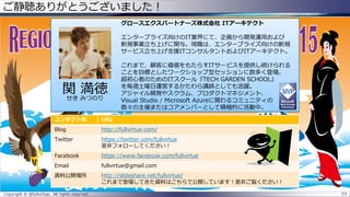 ご静聴ありがとうございました！
Copyright © @fullvirtue. All rights reserved. 53
グロースエクスパートナーズ株式会社 ITアーキテクト
エンタープライズ向けのIT業界にて、企画から開発運用および
新規事業立ち上げに関与。現職は、エンタープライズ向けの新規
サービス立ち上げ支援ITコンサルタントおよびITアーキテクト。
これまで、顧客に価値をもたらすITサービスを提供し続けられる
ことを目標としたワークショップ型セッションに数多く登壇。
超初心者のためのITスクール『TECH GARDEN SCHOOL』
を毎週土曜日運営するかたわら講師としても活躍。
アジャイル開発やスクラム、プロダクトマネジメント、
Visual Studio / Microsoft Azureに関わるコミュニティの
数々の主催またはコアメンバーとして積極的に活動中。
コンタクト先 URL
Blog http://fullvirtue.com/
Twitter https://twitter.com/fullvirtue
是非フォローしてください！
Facebook https://www.facebook.com/fullvirtue
Email fullvirtue@gmail.com
資料公開場所 http://slideshare.net/fullvirtue/
これまで登壇してきた資料はこちらで公開しています！是非ご覧ください！
関 満徳
せき みつのり
 