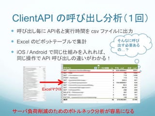 ClientAPI の呼び出し分析（１回）
 呼び出し毎に API名と実行時間を csv ファイルに出力
 Excel のピボットテーブルで集計
 iOS / Android で同じ仕組みを入れれば、
同じ操作で API 呼び出しの違いがわかる！
そんなに呼び
出す必要ある
の…？
サーバ負荷削減のためのボトルネック分析が容易になる
Excelマクロ
 