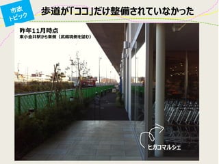 歩道が「ココ」だけ整備されていなかった
昨年11月時点
東小金井駅から東側（武蔵境側を望む）
ヒガコマルシェ
 