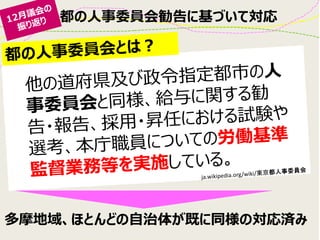 都の人事委員会勧告に基づいて対応
多摩地域、ほとんどの自治体が既に同様の対応済み
 