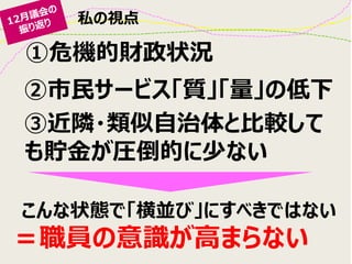 私の視点
③近隣・類似自治体と比較して
も貯金が圧倒的に少ない
①危機的財政状況
②市民サービス「質」「量」の低下
こんな状態で「横並び」にすべきではない
＝職員の意識が高まらない
 