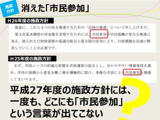 消えた「市民参加」
Ｈ26年度の施政方針
Ｈ25年度の施政方針
平成27年度の施政方針には、
一度も、どこにも「市民参加」
という言葉が出てこない
 