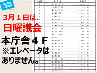 3月１日は、
日曜議会
本庁舎４Ｆ
※エレベータは
ありません。
 