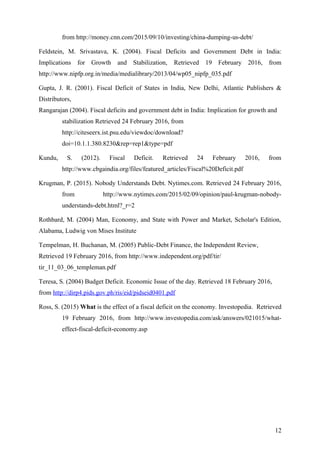 from http://money.cnn.com/2015/09/10/investing/china-dumping-us-debt/
Feldstein, M. Srivastava, K. (2004). Fiscal Deficits and Government Debt in India:
Implications for Growth and Stabilization, Retrieved 19 February 2016, from
http://www.nipfp.org.in/media/medialibrary/2013/04/wp05_nipfp_035.pdf
Gupta, J. R. (2001). Fiscal Deficit of States in India, New Delhi, Atlantic Publishers &
Distributors,
Rangarajan (2004). Fiscal deficits and government debt in India: Implication for growth and
stabilization Retrieved 24 February 2016, from
http://citeseerx.ist.psu.edu/viewdoc/download?
doi=10.1.1.380.8230&rep=rep1&type=pdf
Kundu, S. (2012). Fiscal Deficit. Retrieved 24 February 2016, from
http://www.cbgaindia.org/files/featured_articles/Fiscal%20Deficit.pdf
Krugman, P. (2015). Nobody Understands Debt. Nytimes.com. Retrieved 24 February 2016,
from http://www.nytimes.com/2015/02/09/opinion/paul-krugman-nobody-
understands-debt.html?_r=2
Rothbard, M. (2004) Man, Economy, and State with Power and Market, Scholar's Edition,
Alabama, Ludwig von Mises Institute
Tempelman, H. Buchanan, M. (2005) Public-Debt Finance, the Independent Review,
Retrieved 19 February 2016, from http://www.independent.org/pdf/tir/
tir_11_03_06_templeman.pdf
Teresa, S. (2004) Budget Deficit. Economic Issue of the day. Retrieved 18 February 2016,
from http://dirp4.pids.gov.ph/ris/eid/pidseid0401.pdf
Ross, S. (2015) What is the effect of a fiscal deficit on the economy. Investopedia. Retrieved
19 February 2016, from http://www.investopedia.com/ask/answers/021015/what-
effect-fiscal-deficit-economy.asp
12
 