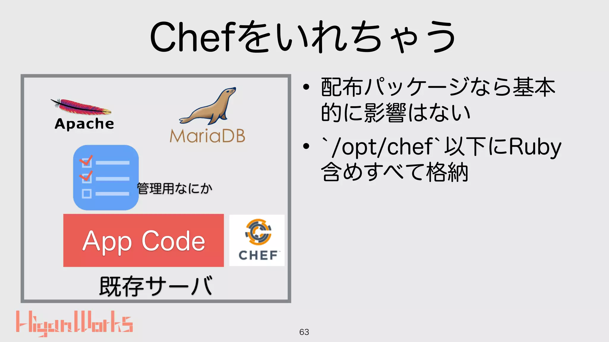 Chefをいれちゃう
•配布パッケージなら基本
的に影響はない
•`/opt/chef`以下にRuby
含めすべて格納
63
既存サーバ
App Code
管理用なにか
 