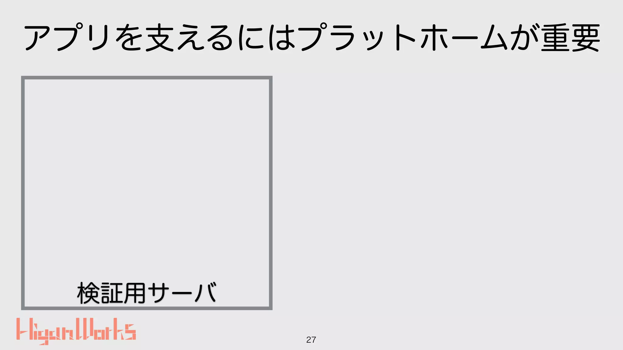 アプリを支えるにはプラットホームが重要
27
検証用サーバ
 
